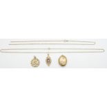 A 9ct gold locket, 9ct gold pendants and chains, 8.2g