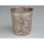 18th century Danish white metal beaker with engraved scrolling decoration, with Danish silver