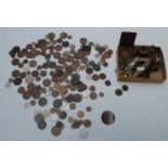 Collection of items including slide rule, protractor, scale, coins etc