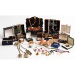 A collection of costume jewellery including brooches, beads, earrings, chatelaine, agate necklace,