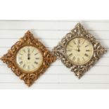 Two Newgate wall clocks with scrolling gilt frames and 30cm dials