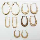 Five pairs of 9ct gold hoop earrings, 11g