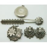 A collection of Victorian jewellery including silver brooches (Birmingham 1892 and 1890), two