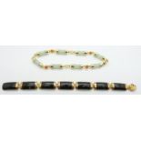 Chinese 14k gold bracelet set with sections of jadeite and another 14k gold bracelet set with