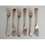 Six Georgian Old English pattern hallmarked silver table forks, three London 1801 maker Alice &