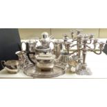 Quantity of silver plated ware including five branch candelabra, a matching pair of three branch