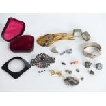 Hallmarked silver buckle bangle, Alva Studios cufflinks, Siam silver brooch, scarab beetles,