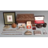 A collection of items including cased Parker pen set, cased Ronson lighter, bakelite items, silver