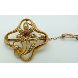 Art Nouveau 15ct gold brooch set with a ruby and seed pearls, 3.55g