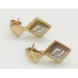 A pair of 14ct bi- coloured gold earrings in a Greek key design, 3.8g