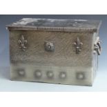 Arts and Crafts style polished steel twin handled coal box with lift out insert, width 49cm