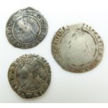 Elizabeth I (1558-1603) hammered silver threepence 1569 F together with a threehalfpence VF, and a