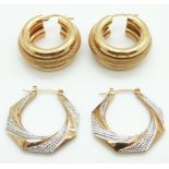 A pair of 9ct gold hoop earrings and another pair of 9ct gold earrings, 8.7g
