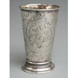 Russian white metal beaker decorated with foliage surrounding a vacant cartouche with 84 silver