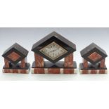 Art Deco marble clock garniture, the eight day movement stamped Marti with stylised numerals and
