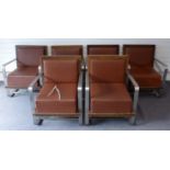 Set of six retro brushed stainless steel and wooden framed designer armchairs with brown leatherette