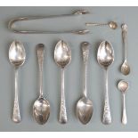 Four hallmarked silver coffee spoons, three hallmarked silver salt or mustard spoons, a pair of