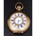 Continental 14ct gold keyless winding half hunter pocket watch with black Roman numerals, blued