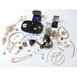 A collection of costume jewellery including silver, beads, micro mosaic, silver earrings, silver