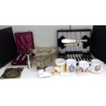 Quantity of silver plate and collectables to include cased fish eater and server set, twin handled