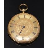 George Edward Frodsham 18ct gold open faced pocket watch with blued hands, black Roman numerals,