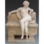 Late 19th or early 20th century carved alabaster model of a nude lady seated on a bench, height 36.