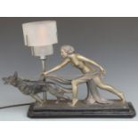 Art Deco style figural lamp with lady walking a dog, length 62cm