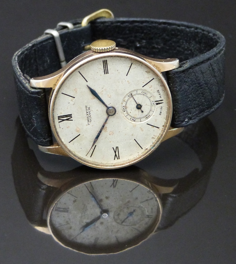 Philippe gold plated gentleman's wristwatch with inset subsidiary seconds dial, blued hands, black - Image 2 of 3