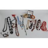A collection of beaded necklaces including French jet, garnet, agate, pearl, etc