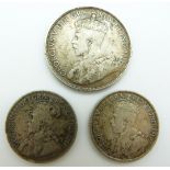 Cyprus George V silver 18 piastres 1921 GF, together with two 9 piastres of 1921, both GF