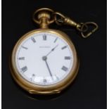 Waltham gold plated keyless winding open faced pocket watch with blued hands, black Roman