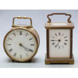 20thC French brass carriage clock with Roman enamelled dial and keyless movement, 10.5cm tall
