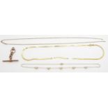 A 9ct gold section of necklace, a yellow metal necklace set with pearls and a 9ct gold T bar, 16.5g