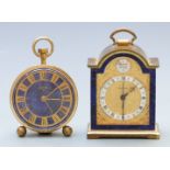 Two Swiza eight day alarm clocks with lapis lazuli type decoration, one with original box
