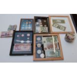 A collection of UK and overseas coinage, some in frames, together with some banknotes including