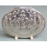 18th century hallmarked silver snuff box, the embossed baroque lid with figures dancing on a stage