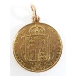 1887 gold half sovereign in pendant mount with fixed suspension loop, 4.39g