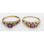 Two 9ct gold rings one set with an amethyst and diamond and the other set with pink sapphires, 3.8g