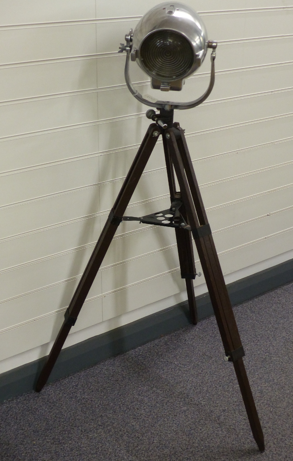 Vintage polished Strand Electric aluminuim theatre or similar lamp on tripod, H120cm