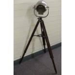 Vintage polished Strand Electric aluminuim theatre or similar lamp on tripod, H120cm