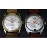 Two MuDu automatic gentleman's wristwatches both with date apertures, gold hands and silver dials,