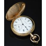 Elgin gold plated keyless winding full hunter pocket watch with inset subsidiary seconds dial, blued