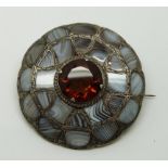 Scottish silver brooch/kilt pin set with lace agate and a central paste stone, 5cm diam