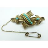 Victorian gold brooch with engraved decoration,set with turquoise cabochons, 5.3g, 4.7 x 2.1cm