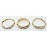 A 9ct gold bi-coloured wedding band and two 9ct gold rings set with diamonds, 7.1g