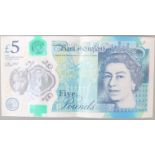 Bank of England polymer £5 note with error, missing gold Elizabeth Tower and Big Ben, circulated