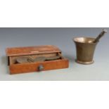 A set of weights and scales by May Roberts & Co, London, with box, together with a bronze pestle and