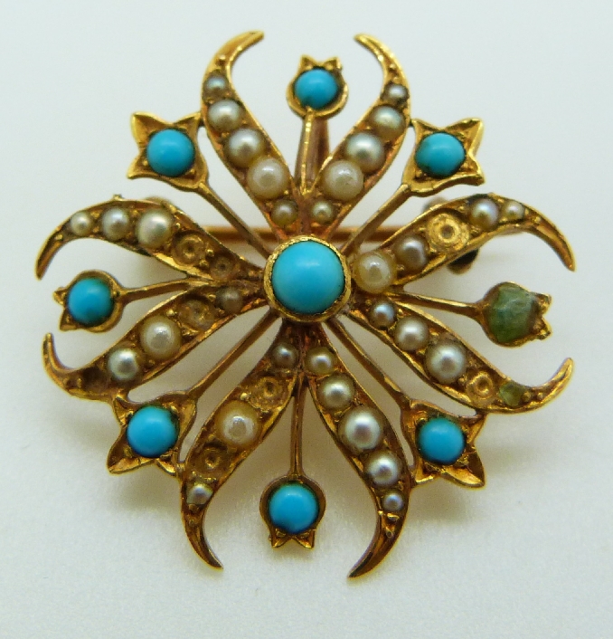 Edwardian pendant/ brooch set with seed pearls and turquoise