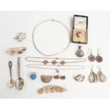 A collection of silver jewellery including two silver necklaces, a bracelet,  pair of earrings and