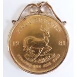 1981 1oz Krugerrand in 9ct gold pendant mount, 37g